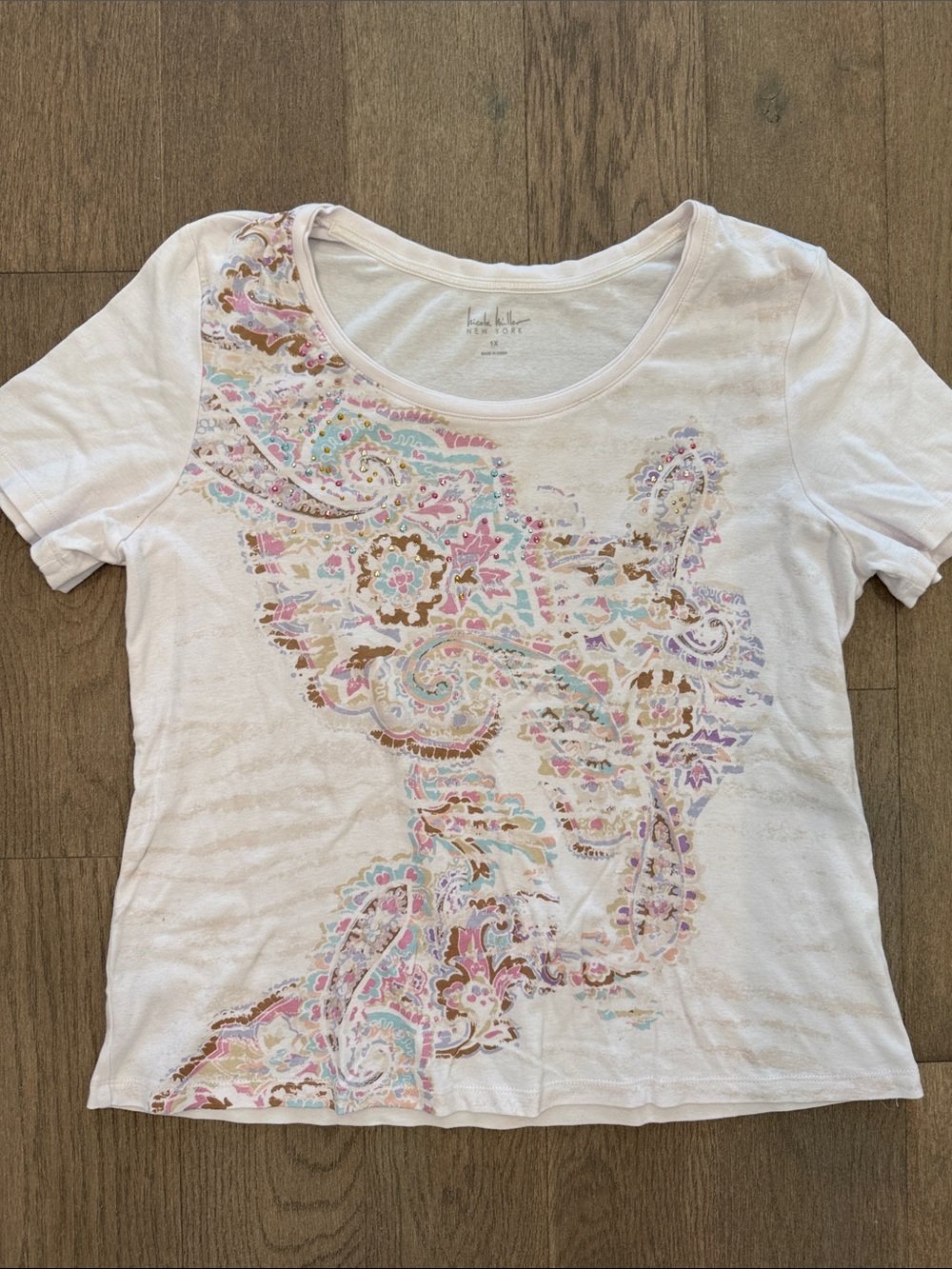 Nicole Miller Sequined Short Sleeve Paisley Light Pink Women’s 1X Casual Shirt